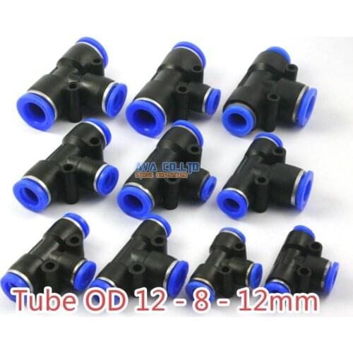 10 Pieces Pneumatic Tee Reduced Union Tube OD 12 - 10 - 12mm Air Push In To Connect Fitting One Touch Quick Release Fitting