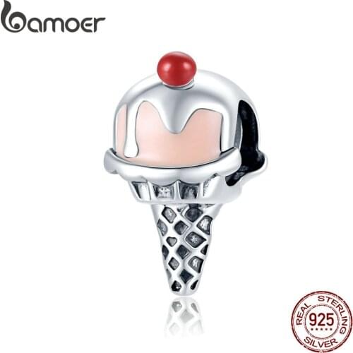 Bamoer Summer Series Sweet Cones Charm for Bracelet Bangle 925 Sterling Silver Waffle Cone Charms DIY Bracelet Jewelry SCC1533