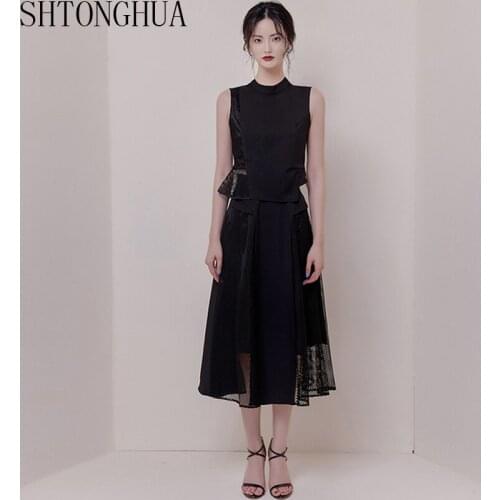 SHTONGHUA Runway Summer Patchwork Skirt Suits Fashion Black stand collar Vest Ruffles Tops + Mesh hollow out Skirt Suits