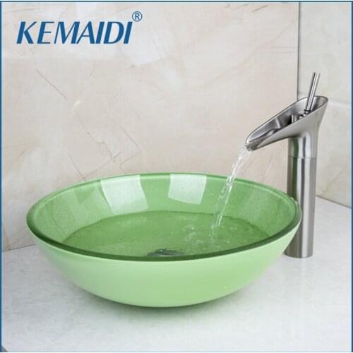 KEMAIDI New Waterfall Fresh Deck Mount Washbasin Lavatory Glass Sink+Brushed Nickel Combine Brass Vessel Tap Mixer Faucet