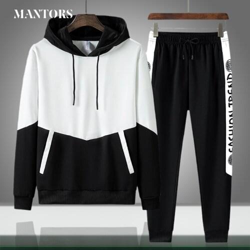 Autumn Men Casual Set Jogging New Hooded Tracksuit Hoodie+Pants 2 Piece Sets Solid Patchwork Mens Sportswear Outfit Sports Suit