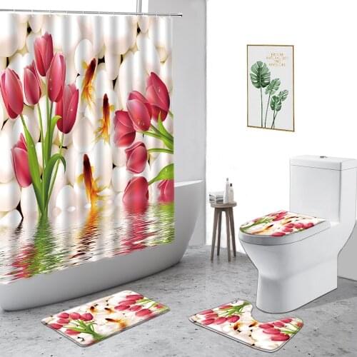 Tulip Flower Shower Curtain Flower Bird Fish Water Surface Flowers Bathroom Decor Set Bath Curtains Non-Slip Carpet Toilet Cover