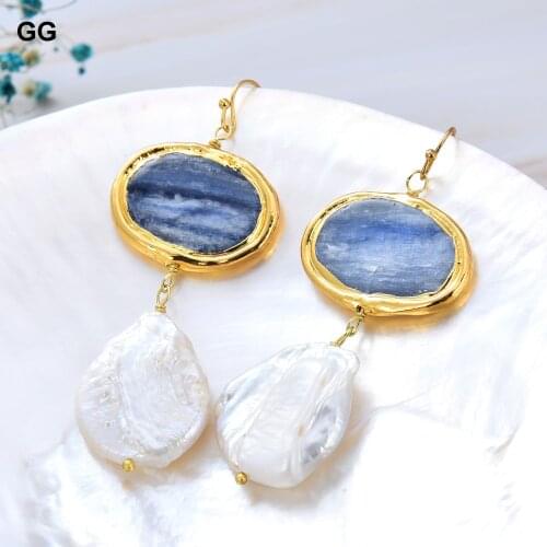 GuaiGuai Jewelry Natural White Keshi Pearl Blue Kyanite Egg Gold Color Plated Dangle Hook Earrings For Women