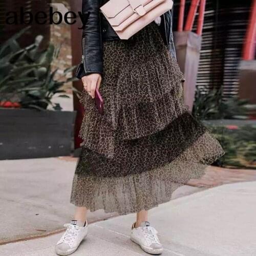 Leopard Tulle Skirt Women Autumn Winter Asymmetrical Layered Ruffle Mesh Midi Skirt Vintage Style