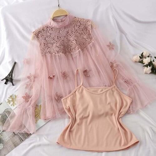 Two Pieces Shirt +Tank Autumn Women Butterfly Mesh Blouse Sweet Hook flower Lace Shirt Female Hollow Out Blouses Short Tops 1998