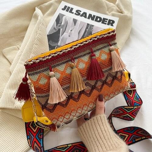 Womens fashion literary ethnic style woven tassel messenger bag Trend zipper bucket bags one-shoulder casual mobile phone bag