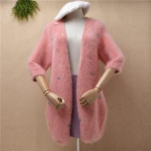 Ladies women fashion sweet pink hairy plush mink cashmere beading half sleeves slim cardigan angora fur jacket coat sweater pull
