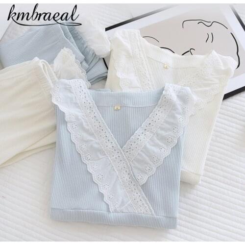 Womens Pajamas Spring and Summer 100% Cotton Knitted Lace Two-piece V-neck Simple Soft Homewear Set Sweet Long-sleeved Trousers