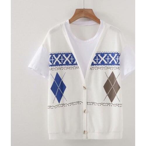 Plus size blouses tunics shirts 2021 fashion short sleeve knitted Stitching fake two-piece printing summer Womens t-shirts