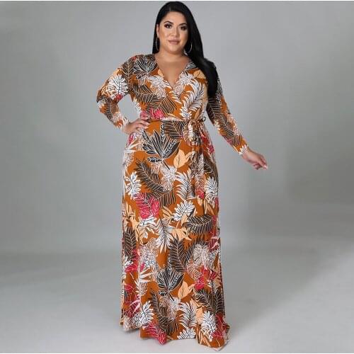 L-4XL 2021 autumn long dress plus size women clothing casual printing long sleeve V neck Sexy dresses Wholesale Dropshipping