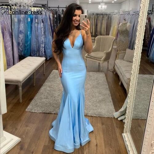 Sky Blue Mermaid Evening Dresses Spaghetti Strap Backless Floor Length Evening Dress Long Formal Party Gowns robe-de-soiree