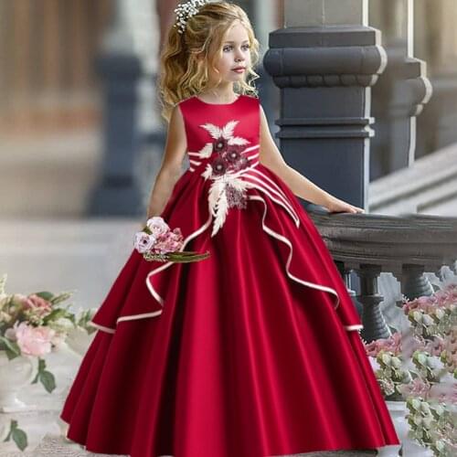 2021 Vintage Flower Costume Kids Dresses For Girl Children Bridesmaid Princess Petal Dress Formal Party Wedding Dress 8 12 Years