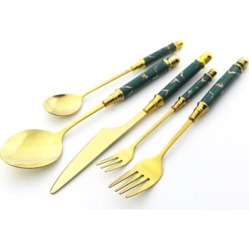 4/5Pcs Green Gold Cutlery Set Stainless Steel Dinnerware Vintage Ceramic Tableware Knife Cake Fork Spoons Kitchen Silverware Set
