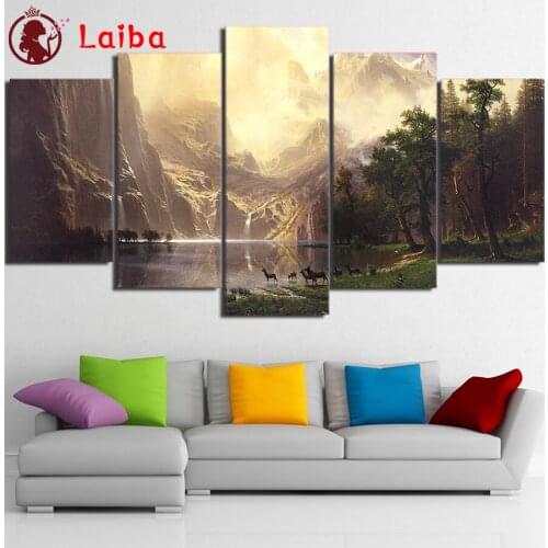 Diamond Embroidery Natural scenery, Mountain lake Diamond Painting Full Square round drill Mosaic Cross Stitch Wall Art5pcs