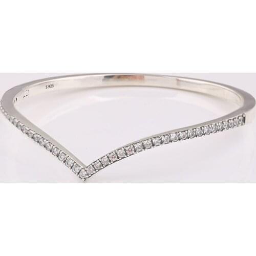 Authentic S925 Sterling Silver Shimmering Wish With Crystal Bangle Bracelet For Women fit Lady Bead Charm DIY Jewelry