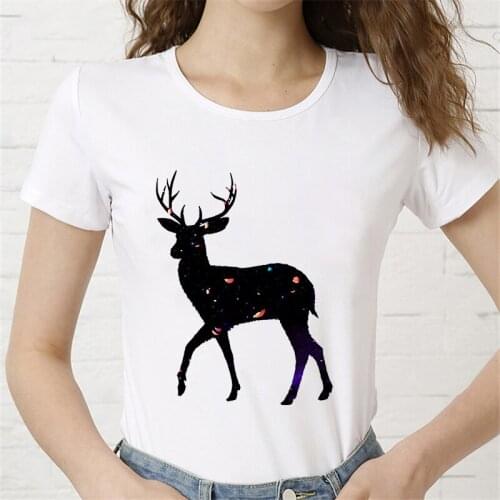 White Round Neck Short Sleeve Tshirt Harajuku Womens T-shirt 2021 Summer T-shirt elk Cartoon print Ladies Tshirt