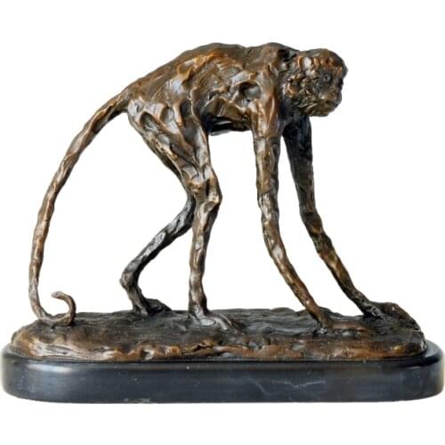 Bronze Monkey Sculpture Figurine Wildlife Animal Statue Hot Casting Copper Art Vintage Marble Base Decoration Accessories