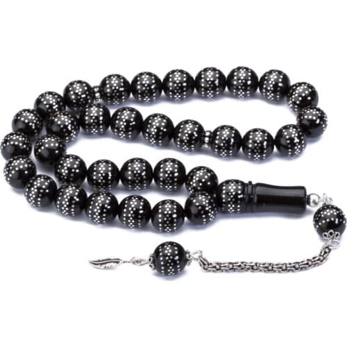 Black Natural Jet Stone Prayer Bead With Silver Inlay Men Rosary With Silver Tassel Islamic Tasbih With Feather Tassel