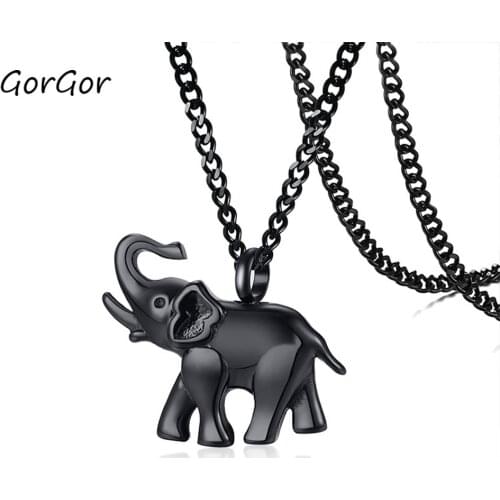 GorGor New Arrivals Stainless Steel Can Be Opened Black Elephant Long Chains Pendant Necklace for Simple Men Jewelry Gift PN1239