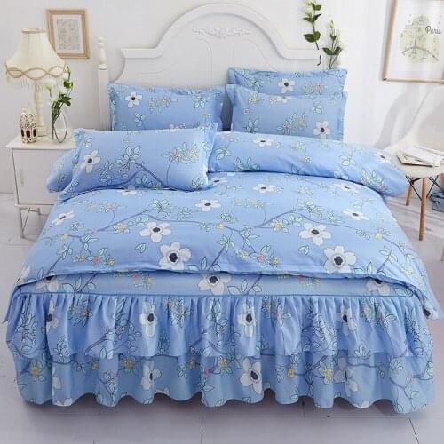 Kawaii Korean Girl Bedding Duvet Cover Thick Frosted Princess Lace Duvet Cover Sheet Bed Skirt Washed Cotton Non-slip 4 Pcs Set