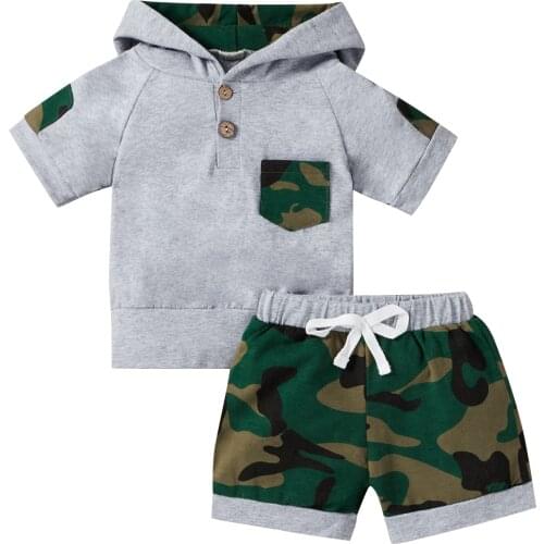 Infant Newborn Baby Boys 2Pcs Clothes Set Camo Patchwork Pocket Short Sleeve Hoodie Tops Shorts Casual Summer Outfits 0-18M