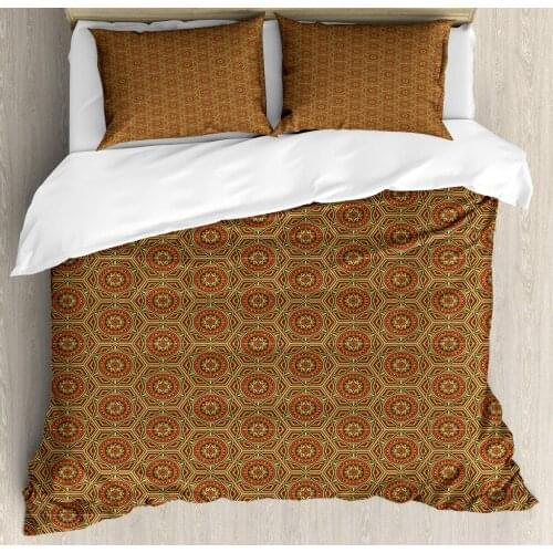Oriental Duvet Cover Set Symmetric Colorful and Antique Composition 3 Piece Bedding Set Burnt Orange Hunter Green Mustard
