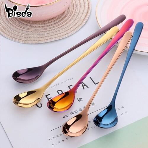 8 Colors Stainless Steel Ice Spoon Long handle Rose Gold Coffee Spoon Set 7 Colors Long Ice Scoop Black Mixing Colour Spoon