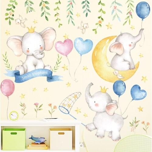 Cute Baby Elephant on the Moon Wall Stickers for Kids Room Baby Nursery Wall Decals Home Decoration PVC DIY Sticker Living Room