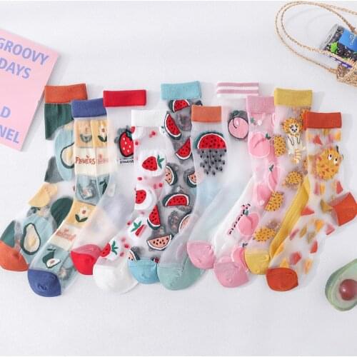 New Creative Transparent Crystal Silk Trend Women Socks Harajuku Funny Cartoon Fruit Ultrathin Glass Silk Socks High Quality Sox