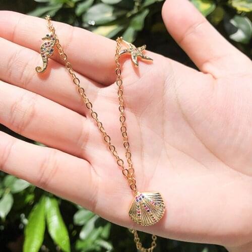 New Gold Color Copper Multicolor Seashell AAA Cubic Zirconia Simple Pendant Necklaces Womens Fashion Jewelry Cobre CZ Colar