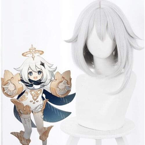 Game Genshin Impact NPC Paimon Wig Short Sliver Gray Color Paimon Wigs Halloween Cosplay Props
