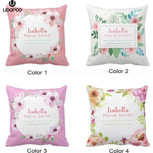 Custom Baby Birth Stats Elegant Floral Girl Nursery Throw Pillow Cover Soft Polyester Home Decorative Cushion Cover Sofa