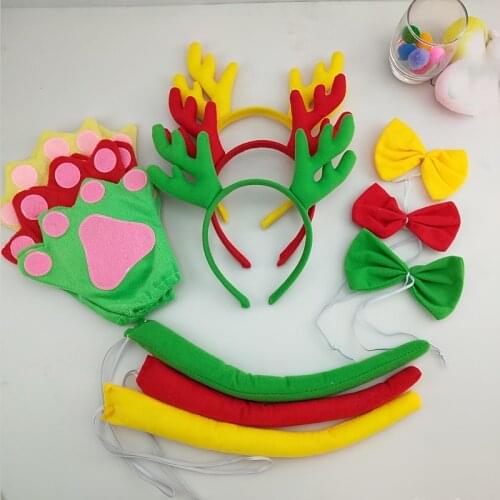 Kids Adult Deer Elk Antler Headband Bow Tie Tail Paws Cosplay Costume Set Birthday Party Performance Props Christmas Halloween