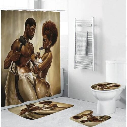 Strong African American Men Women Bathroom Curtains Afro Man Holding Hammer Shower Curtain Toilet Cover Mat Non-Slip Bath Rug