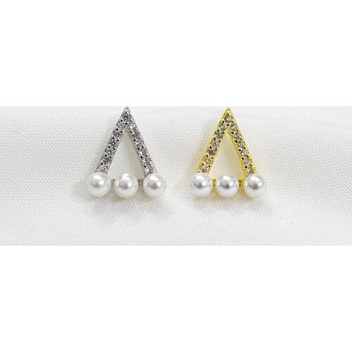 Real 925 Sterling Silver Triangle Stud Earrings For Women Accessories, Elegant Simulated Pearl Earings Crystal Girl Ear Jewelry
