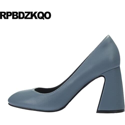 Blue Chunky Block Fashion Shoes Brand High Heels Size 4 34 Casual Ladies 8cm Thick Round Toe Black Slip On Pumps Luxury 2021