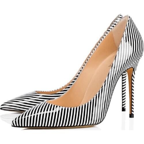 Women Pumps Large Size 46 Black And White Stripe Elegant Pointed High Heel Customized Single Shoes Thin Heels Zapatos De Mujer