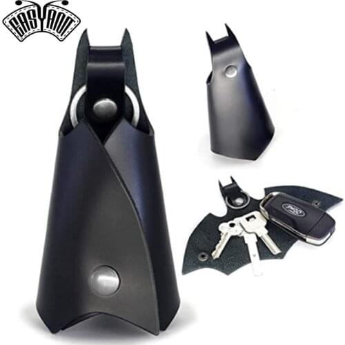 EASYANT Handmade Universal Bat Shape Keychain Car Key Holder Genuine Leather Case Black