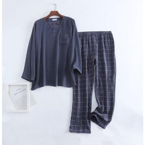 Spring Men Pajamas O-Neck Long Sleeve Sleepwear Double Layer Washed Gauze Pyjamas Plaid Pants Nightwear Plus Size Home Suit