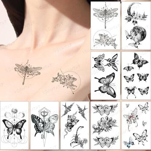 Waterproof Temporary Tattoo Sticker Line Geometric Simple Rabbit Dragonfly Flash Tatoo Fake Tatto For Body Art Women Men