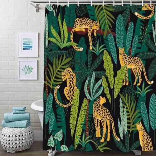 Leopards and Tropical Leaves Trendy Style Shower Curtain, Waterproof Fabric for Bathroom Décor