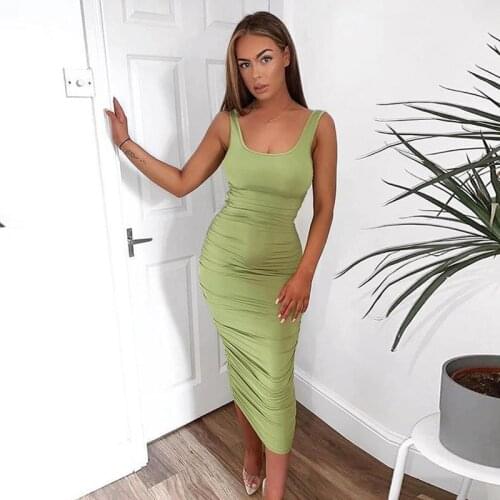 Green Sexy Bandage Slip Dresses For Women Vest Fold Party Wrap Midi Dress Club Outfits Streetwear Clothing Solid Color Vestidos