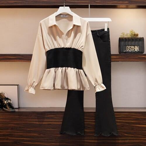 Size ladies' spring 2021 new fat sister collect waist show thin fashion his shirt and jeans to reduce age two suits