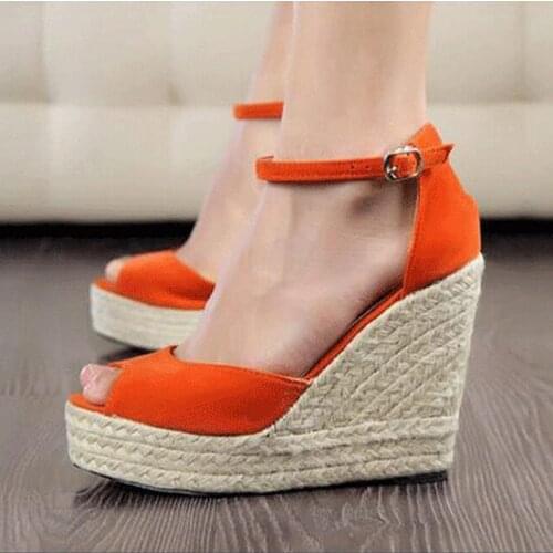 Women Sandals Thick Bottom Wedges Summer High Heels Platform Shoes 2021 New Flock Buckle Strap Peep Toe Ladies Sandals Plus Size