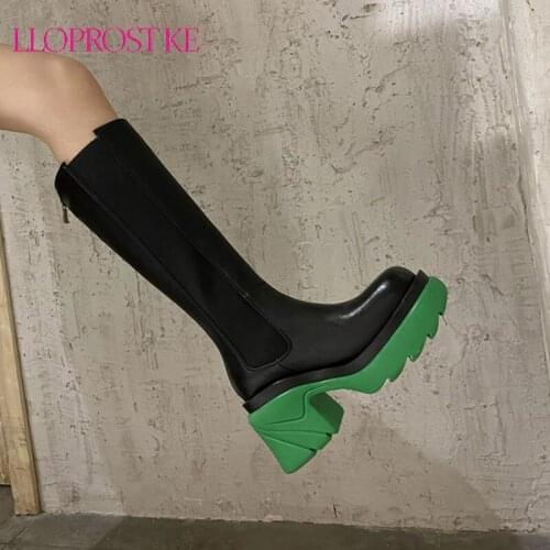 Lloprost ke 2021 Chunky High Heel Chelsea Boots Women Thick Sole Real Leather Knee High Boots Autumn Winter Runway Shoes Female
