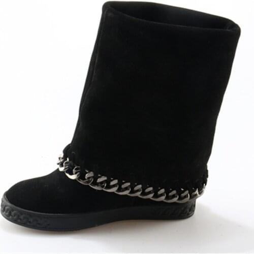 Winter Boots for Women mid-calf 8CM high increasing hidden cowboy Boots black chain botas feminina winter wedges shoes woman