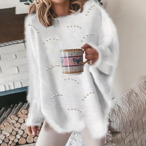 2021 Female Autumn Winter Beaded Lantern Sleeve Fluffy Womens Clothing Sweaters And Pullovers Solid Knitted Long Sleeve Top