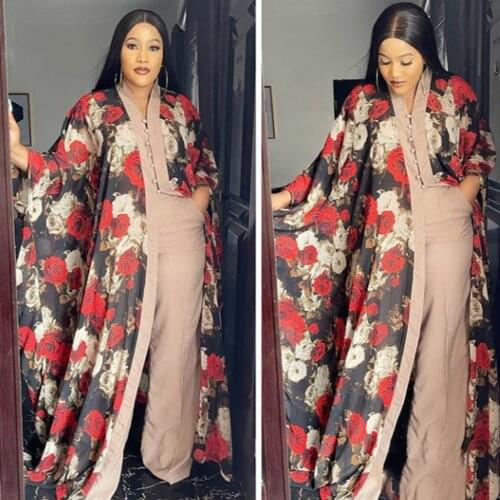 2Pcs African Dress for Women Flower Print Open Abaya Long Pants 2 Pieces Set Dubai Kimono Cardigan Muslim Kaftan African Dashiki