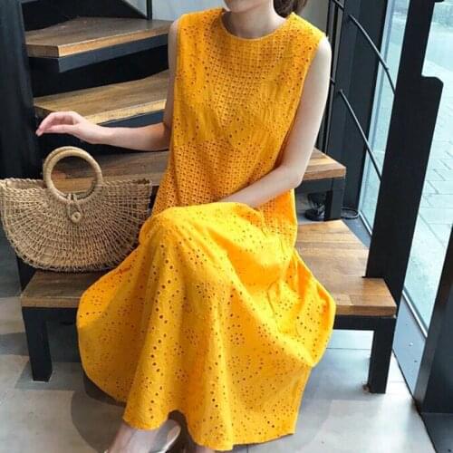 Summer 2021 New Women Vintage Loose High Waist O Neck Hollow Out Sleeveless Maxi Dress Female Elegant Yellow New Vestidos Female