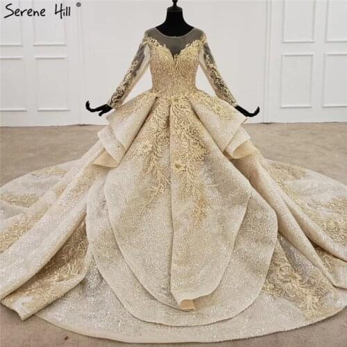 Serene Hill Dubai Gold Luxury Long Sleeves Wedding Dress 2020 O-Neck Beading Sequins High-end Bridal Gown Cusotm Made CHX0112